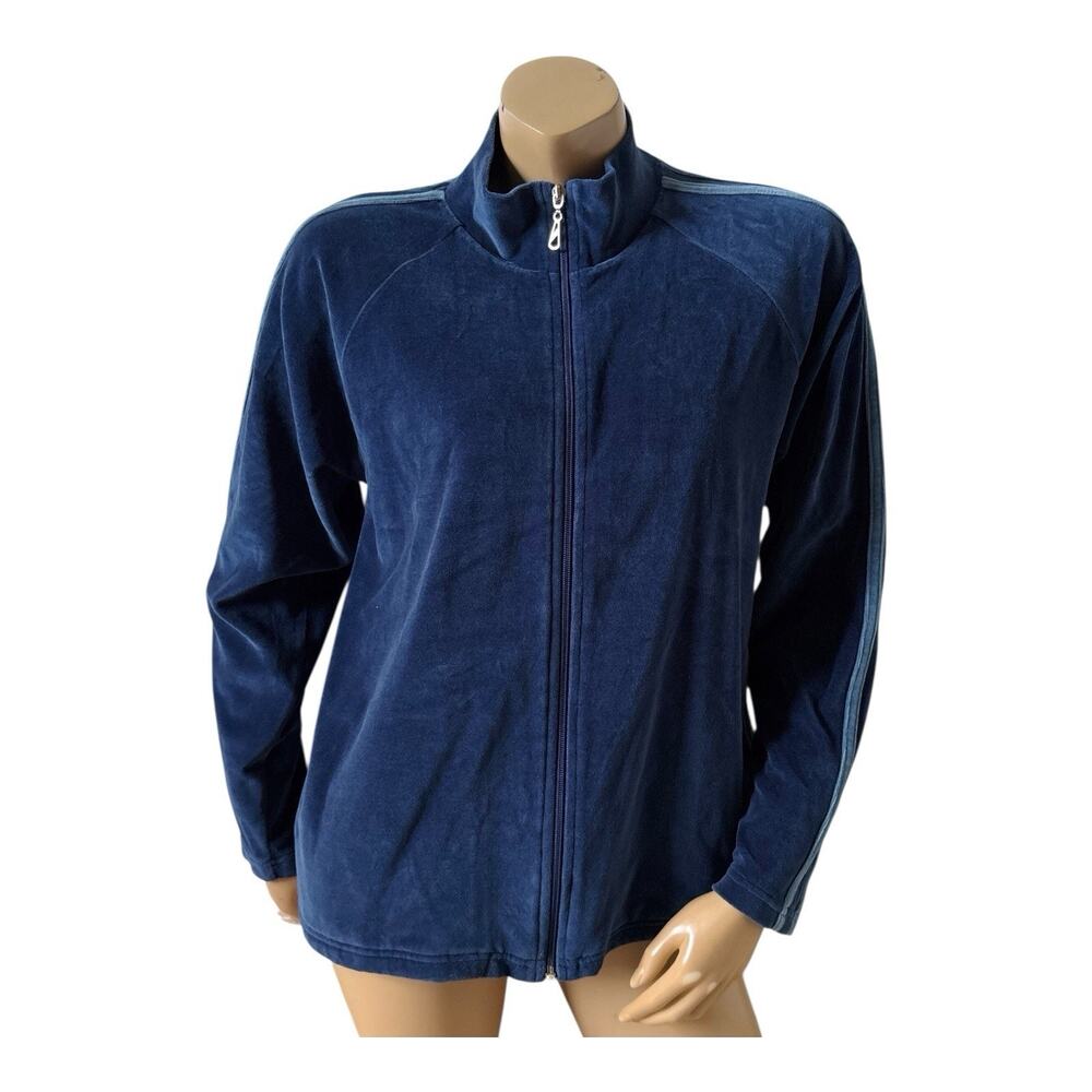 Sport Savvy Jacket Womens M Blue Stripe Velour Track Jacket Full Zip Athletic